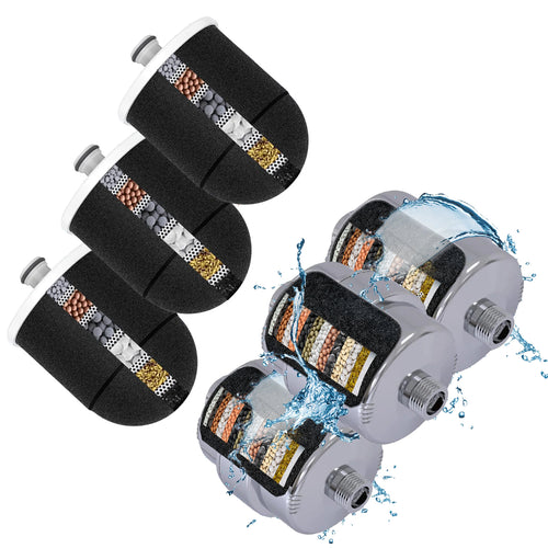 Innovative multistage 3 pack shower Head filter with natural Carbon 3 Pack Replacement Carbon Cartridges, Stops Microplastic, Oder's, Chlorine, and other Toxins.